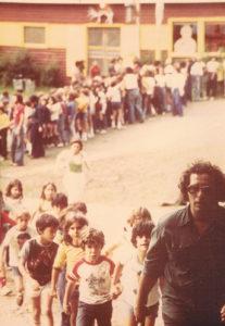 Picture of Camp Kennebec from the 70's - Steve leading a long line of kids